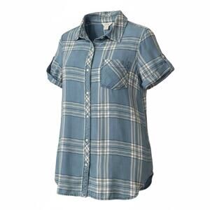 Intro Blue Plaid Button Front Shirt Womens Small Roll Tab Short Sleeve Lyocell